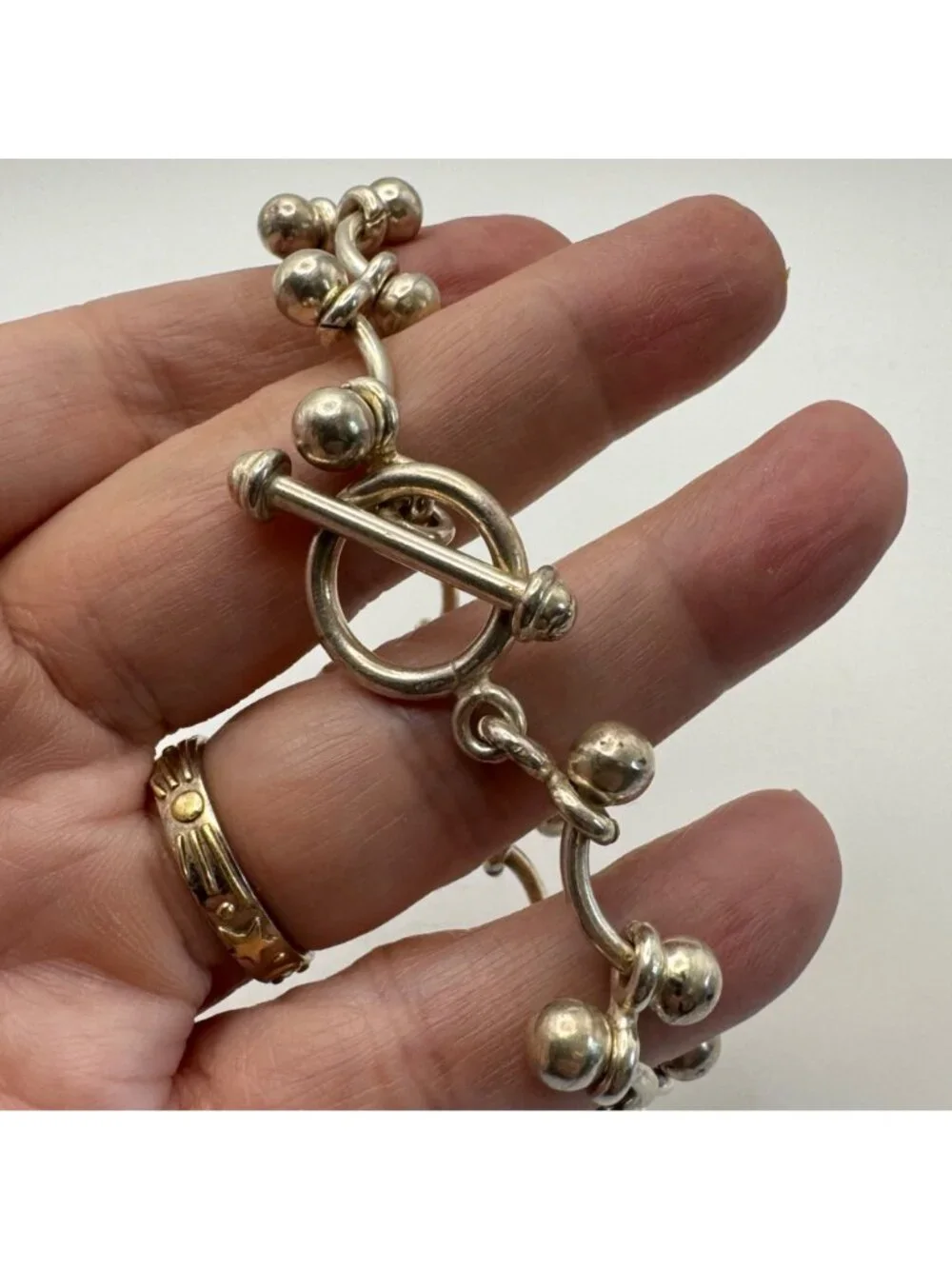 Beaded Curved Bar Link Chain Bracelet Sterling Silver 925 Size 7.25